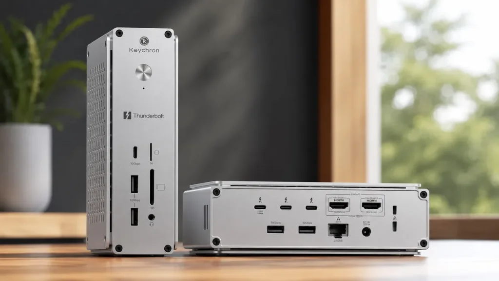 A Keychron Thunderbolt docking station is shown with multiple ports including USB, HDMI, and Ethernet, displayed on a wooden table.