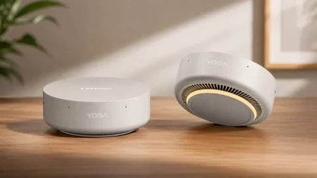 Two Lenovo YOGA smart devices in silver, one standing upright and the other angled to show the vented base with a circular design, are positioned on a wooden surface.