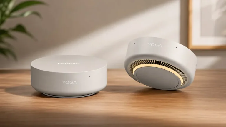Lenovo mete 180 TOPS en un mini PC Yoga de 600 gramos Two Lenovo YOGA smart devices in silver, one standing upright and the other angled to show the vented base with a circular design, are positioned on a wooden surface.
