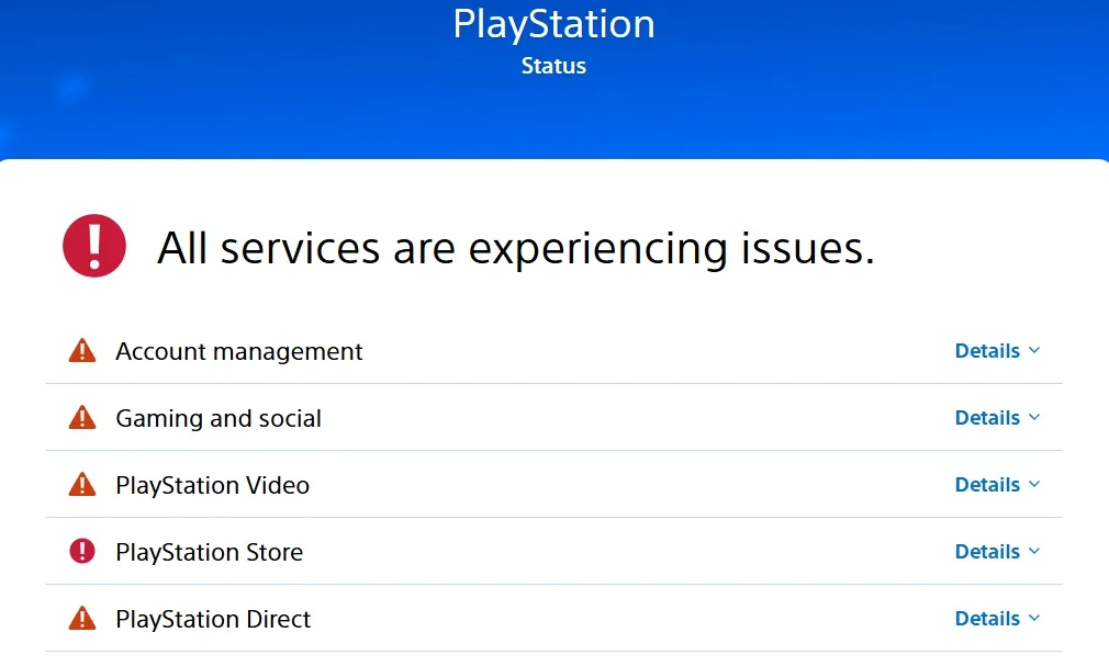 PlayStation Network caída — PlayStation Status page.