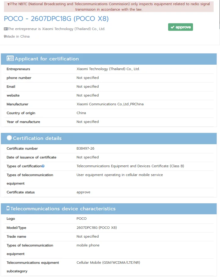 Poco X8 NBTC certified