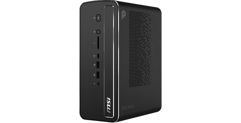 PRO MAX EDGE AI+ especificaciones — The image shows an MSI PRO MAX mini PC with front USB ports and a power button.
