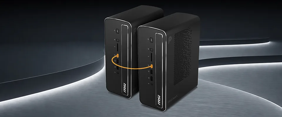 Two MSI PRO MAX mini PCs connected by an orange line on a futuristic silver backdrop.