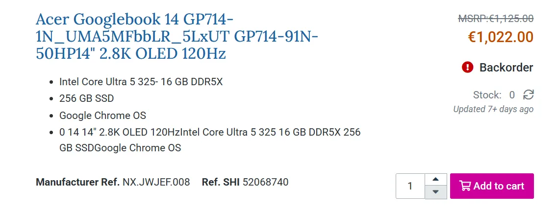 Acer Googlebook 14 Intel Panther Lake — Acer Googlebook 14 confirmed with Intel Panther Lake Core Ultra 5 325 processor