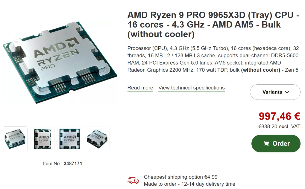 AMD Ryzen 9 PRO 9965X3D can now be ordered for €997