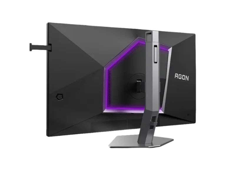 The image shows the rear of the AOC Agon Pro AG276UZ gaming monitor sporting a rather gamery design with purple RGB.