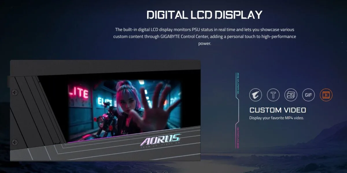 GIGABYTE’s 1600W AI TOP PSU supports up to four GPUs and has a color display, but no “AI” in sight