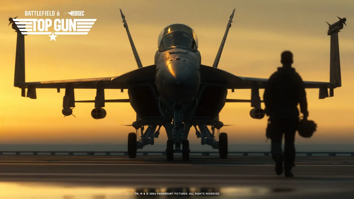 Battlefield 6 actualización 1.4.2.0 — A silhouette of a pilot approaches a jet on an aircraft carrier at sunset with'Battlefield 6 | RedSec Top Gun' text at the top.