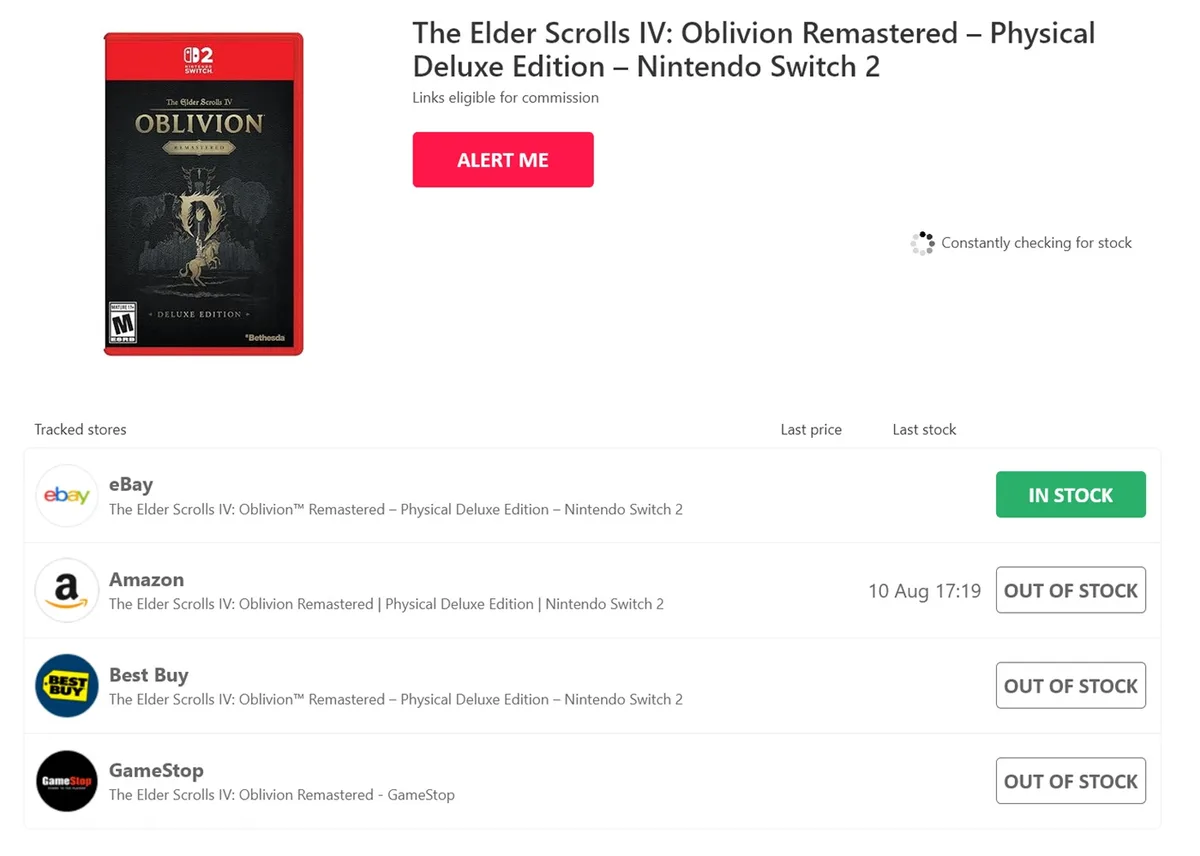 bethesda oblivion switch 2 — HotStock tracker for Oblivion Remastered Switch 2 port