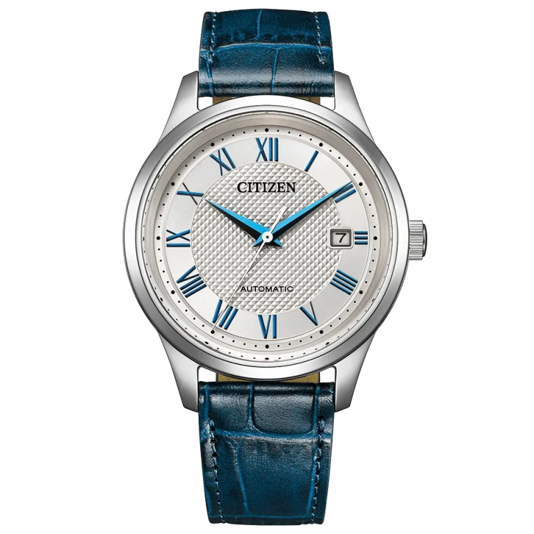 Front view of the Citizen NJ0250-01A automatic watch with a silver Clous de Paris dial, blue Roman numerals and hands, and blue leather strap.
