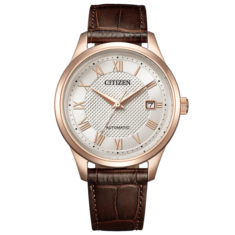 Front view of the Citizen NJ0252-05A automatic watch with a rose gold-colored case, silver textured dial, Roman numerals, and brown leather strap.