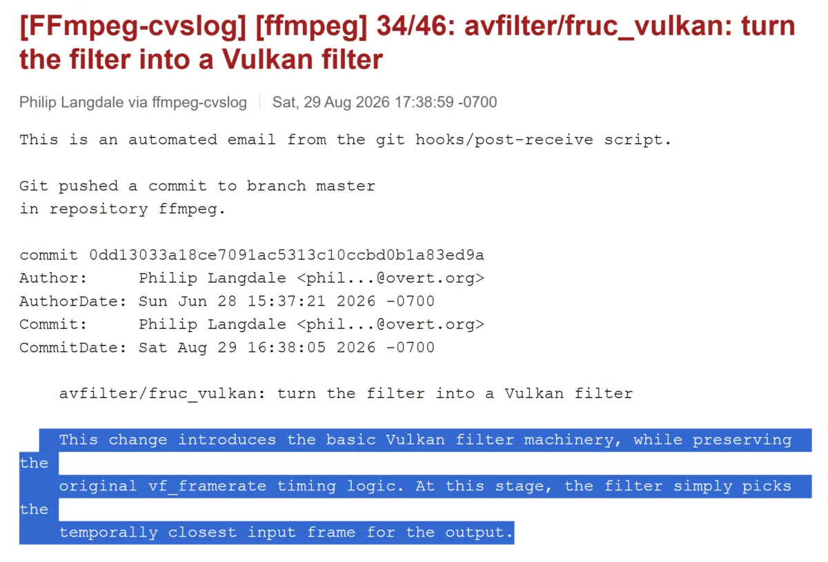 NVIDIA GPU frame interpolation support has been added to FFmpeg through Vulkan