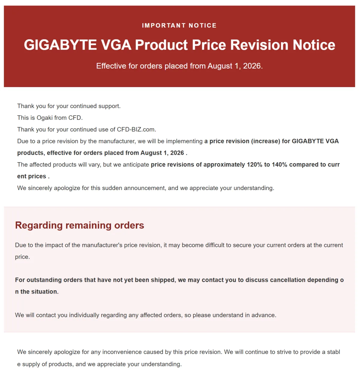 GIGABYTE GPU precio aumento Japón — GIGABYTE GPU prices rise by 20% to 40% in Japan, some orders may be cancelled