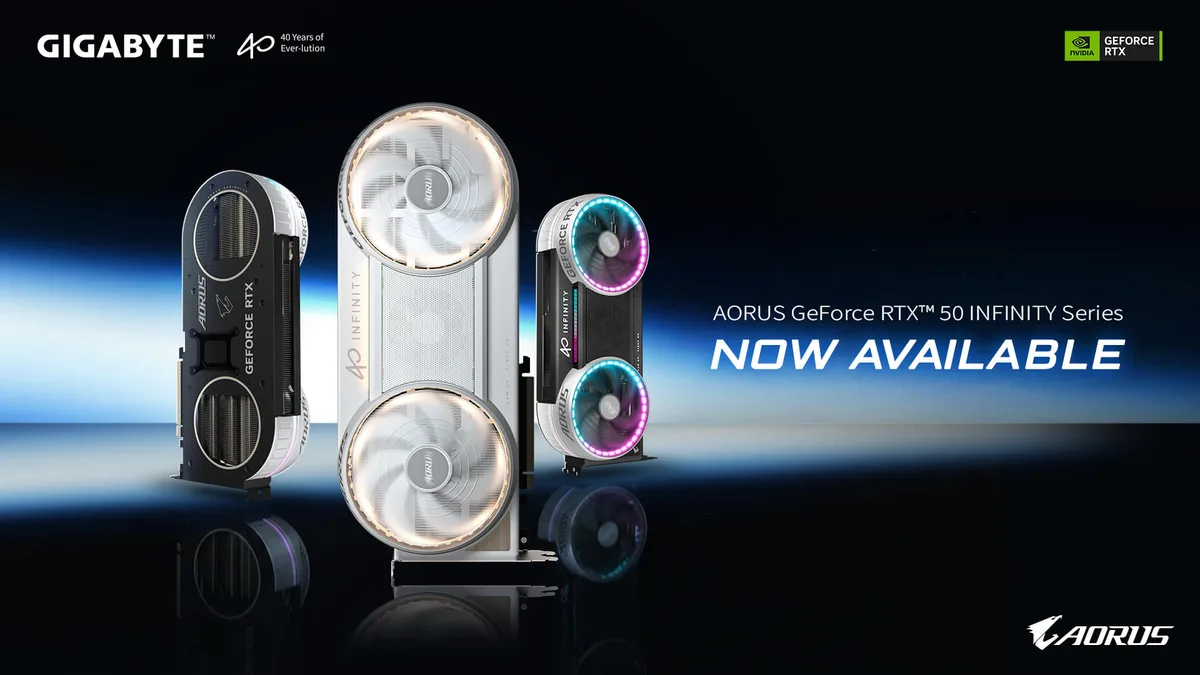 GIGABYTE RTX 50 available — Three AORUS GeForce RTX 50 Infinity Series graphics cards from Gigabyte are displayed against a dark background with the text'NOW AVAILABLE'.