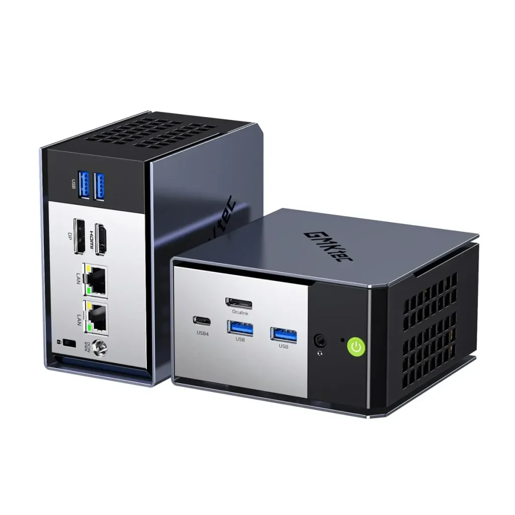 gmktec evo-x1 proxmox — Two GEEKOM AS 6 mini PCs are shown, highlighting multiple USB ports, Ethernet connections, and a power button on their sleek metallic design.