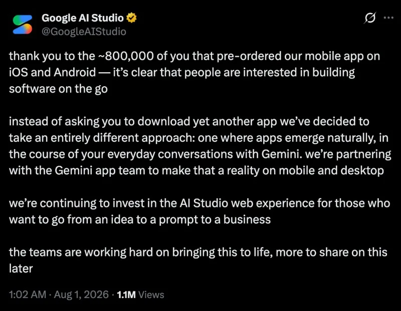 Google AI Studio app cancelada — Google AI Studio app canceled