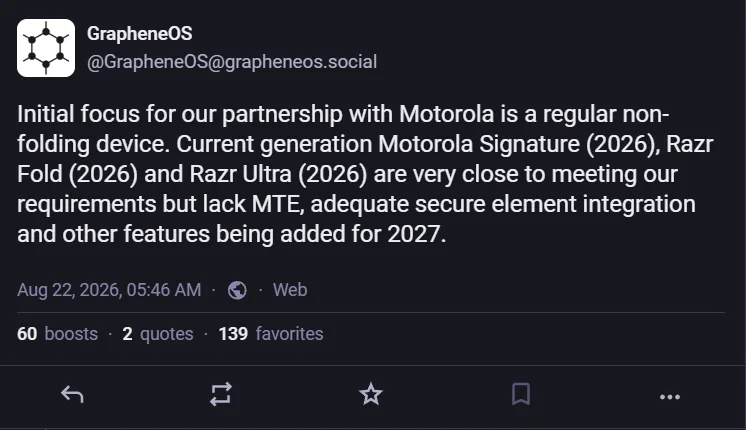 GrapheneOS actualizaciones Android Motorola — Graphene will not support current Motorola flagship