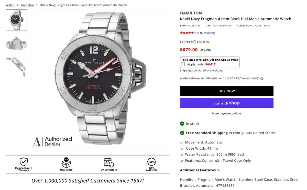 Hamilton Navy Frogman acero inoxidable precio — hamilton navy frogman acero inoxidable p imagen 1