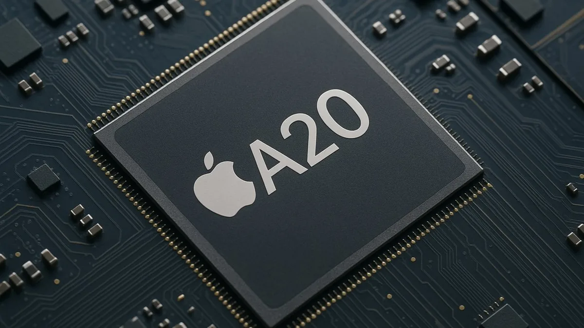 Close-up of an Apple A20 processor chip mounted on a dark circuit board, showing detailed metallic traces and components around the central square chip