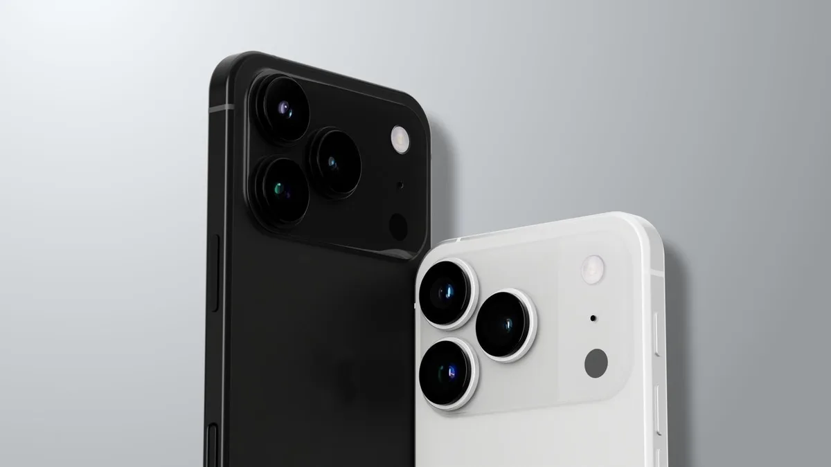 iPhone 18 Pro Face ID pantalla — Two modern smartphones, one black and one white, shown from the back, each featuring three large rear cameras with metallic rings on a clean, light gray background