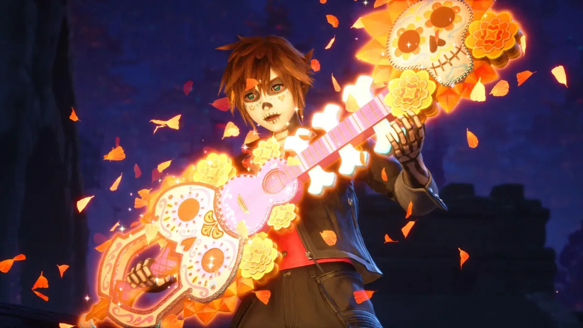 kingdom hearts 4 lanzamiento — Sora holds his Keyblade decorated with Day of the Dead skulls and flowers in Kingdom Hearts 4