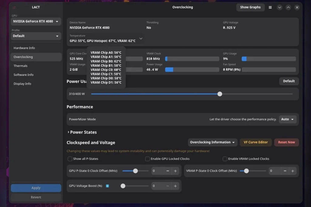 LACT 0.10.0 NVIDIA voltage boost Linux — LACT 0.10.0 estrena control de voltaje NVIDIA y sensores por chip en Linux
