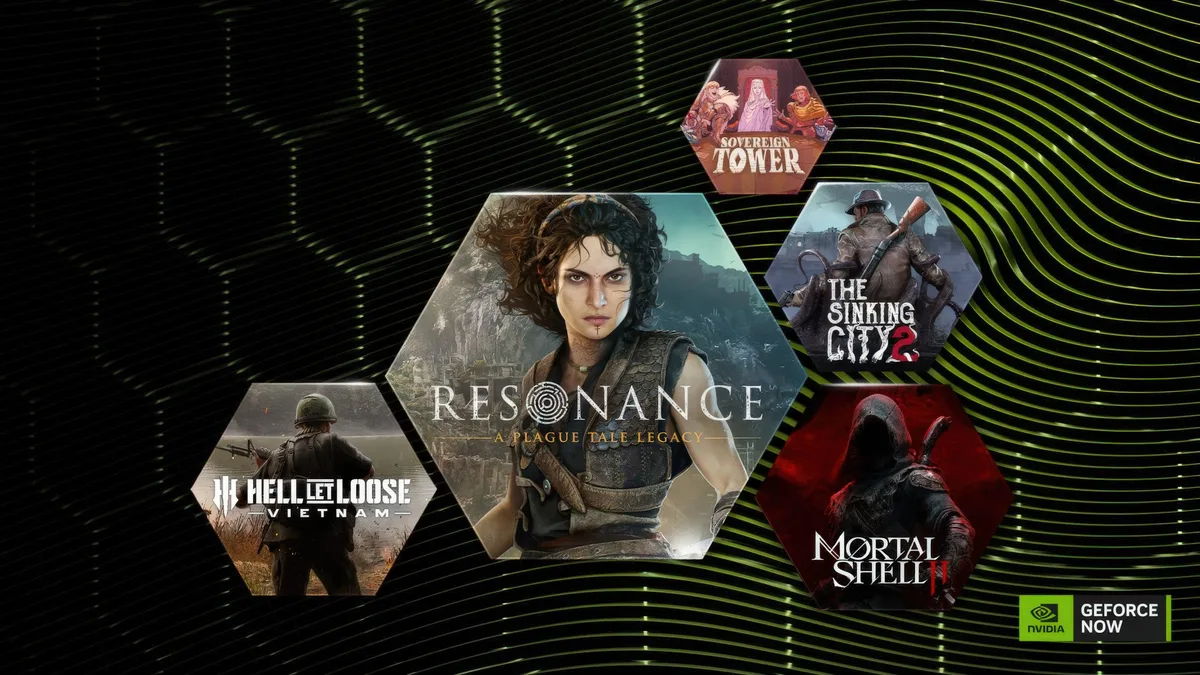 nvidia juegos — A collage of hexagonal images highlights games including'Resonance: A Plague Tale Legacy,''Hell Let Loose Vietnam,''Sovereign Tower,''The Sinking City 2,' and'Mortal Shell II,' with an NVIDIA GeForce Now logo in the corner.