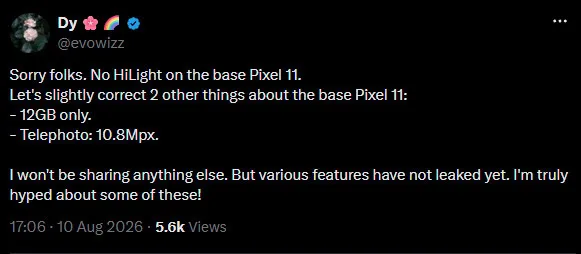 Pixel 11 sin HiLight característica — Evowizz Pixel 11 RAM camera and HiLight
