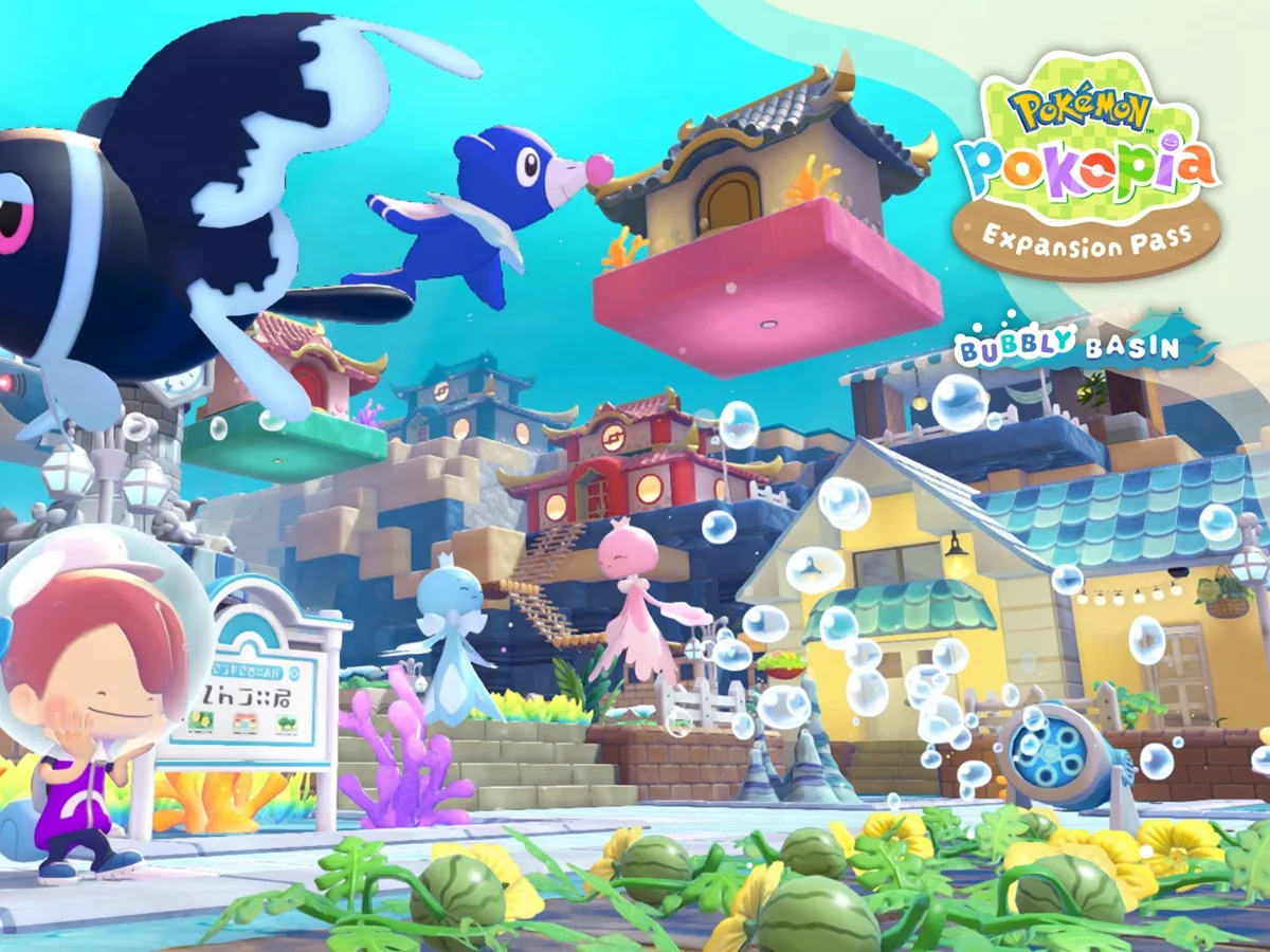 Pokémon Pokopia Bubbly Basin expansión — Pokémon Pokopia Expansion Pass Part 1: Bubbly Basin introduces underwater town-building, new Water-type Pokémon, and submerged crafting mechanics on Nintendo Switch 2.