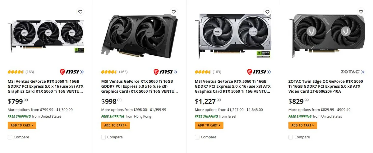 A comparison image shows MSI Ventus GeForce RTX 5060 Ti 16GB graphics cards priced at $799.99, $998.00, and $1,227.90, and a ZOTAC Twin Edge OC GeForce RTX 5060 Ti priced at $829.99.