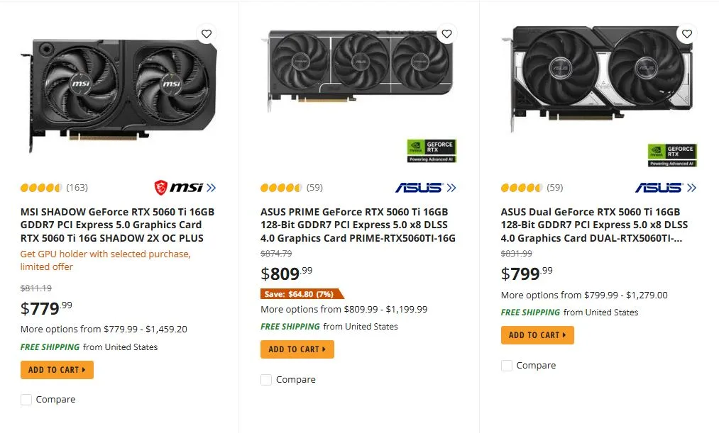 precio RTX 5060 Ti Newegg — Three graphics cards listed for sale: MSI SHADOW GeForce RTX 5060 Ti 16GB for $779.99, ASUS PRIME GeForce RTX 5060 Ti 16GB for $809.99, and ASUS Dual GeForce RTX 5060 Ti 16GB for $799.99, all with free shipping from the United States.