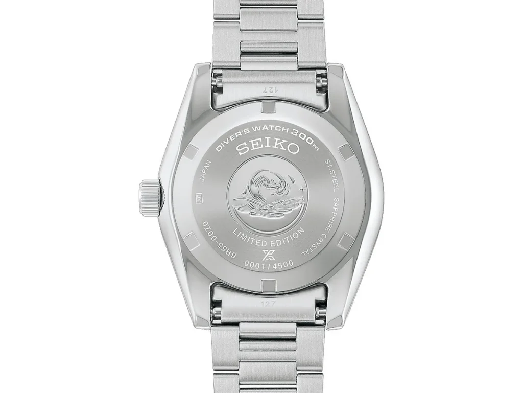 Caseback of the Seiko Prospex 1965 Heritage Diver showing the engraved wave mark, limited-edition text, and individual serial number.