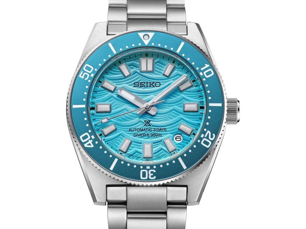 Front view of the Prospex 1965 Heritage Diver HBC011 showcasing the Daytime Blue wave dial.