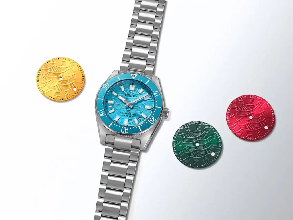 Seiko Prospex 1965 Heritage Diver with a bright blue wave-patterned dial and matching bezel, surrounded by four colorful dial designs representing the fan-voted options.