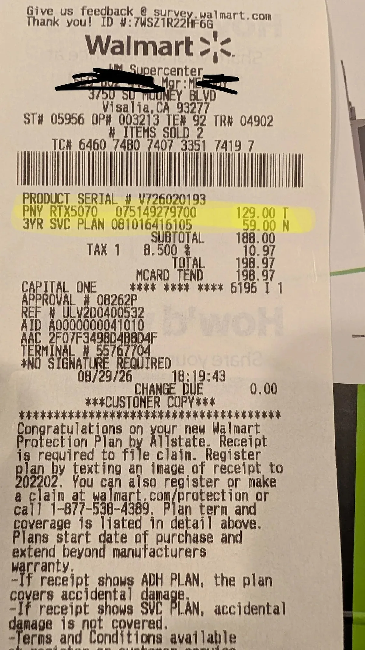 A Walmart receipt shows the purchase of a PNY RTX 5070 for $129.00 and a 3-year service plan for $59.00, totaling $198.97.