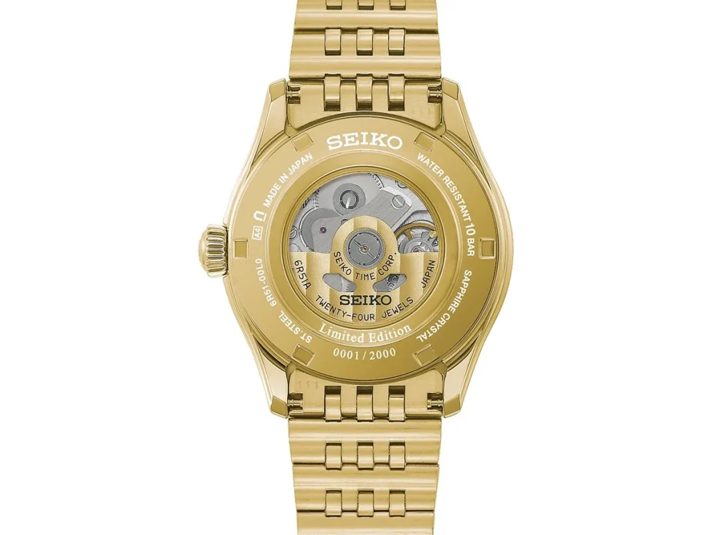 Gold-tone case back of the Seiko Presage Classic x Tradman’s Bonsai showing its automatic movement, limited-edition marking, and serial number.