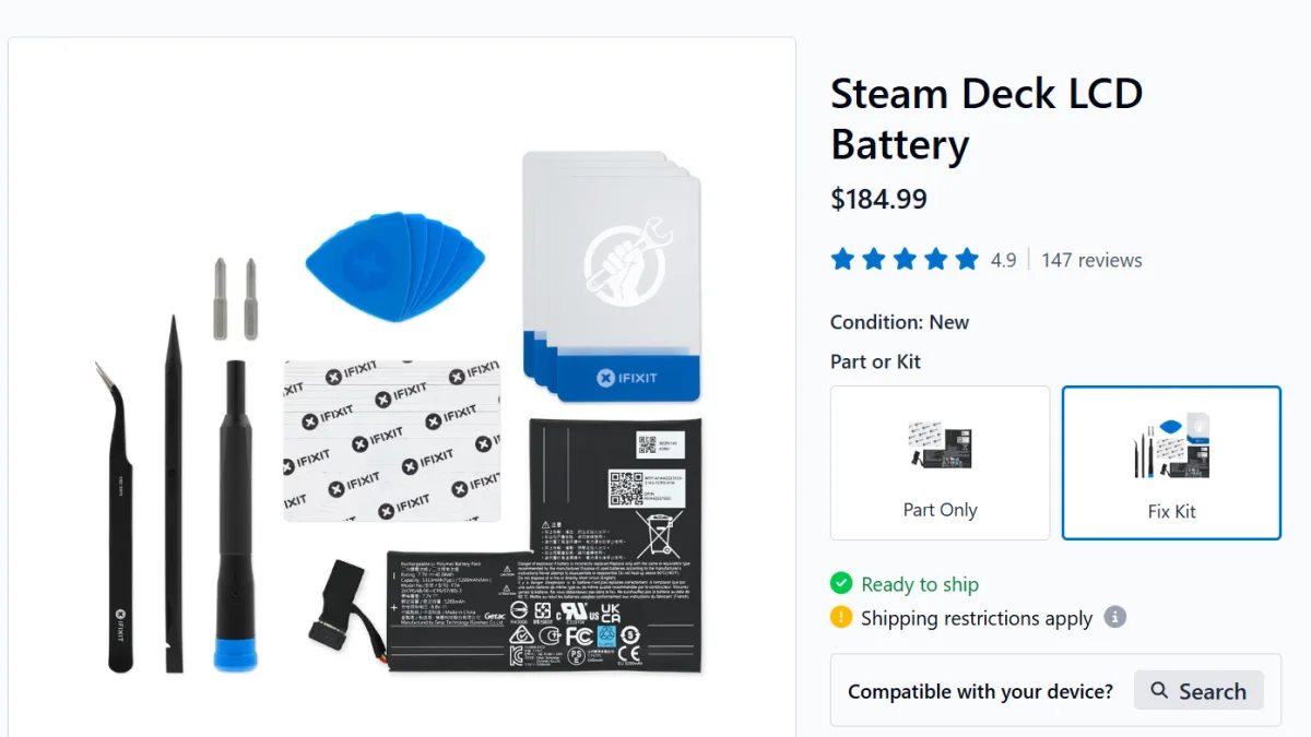 Steam Deck LCD batería precio 188 euros — Steam Deck LCD replacement battery jumps to $180