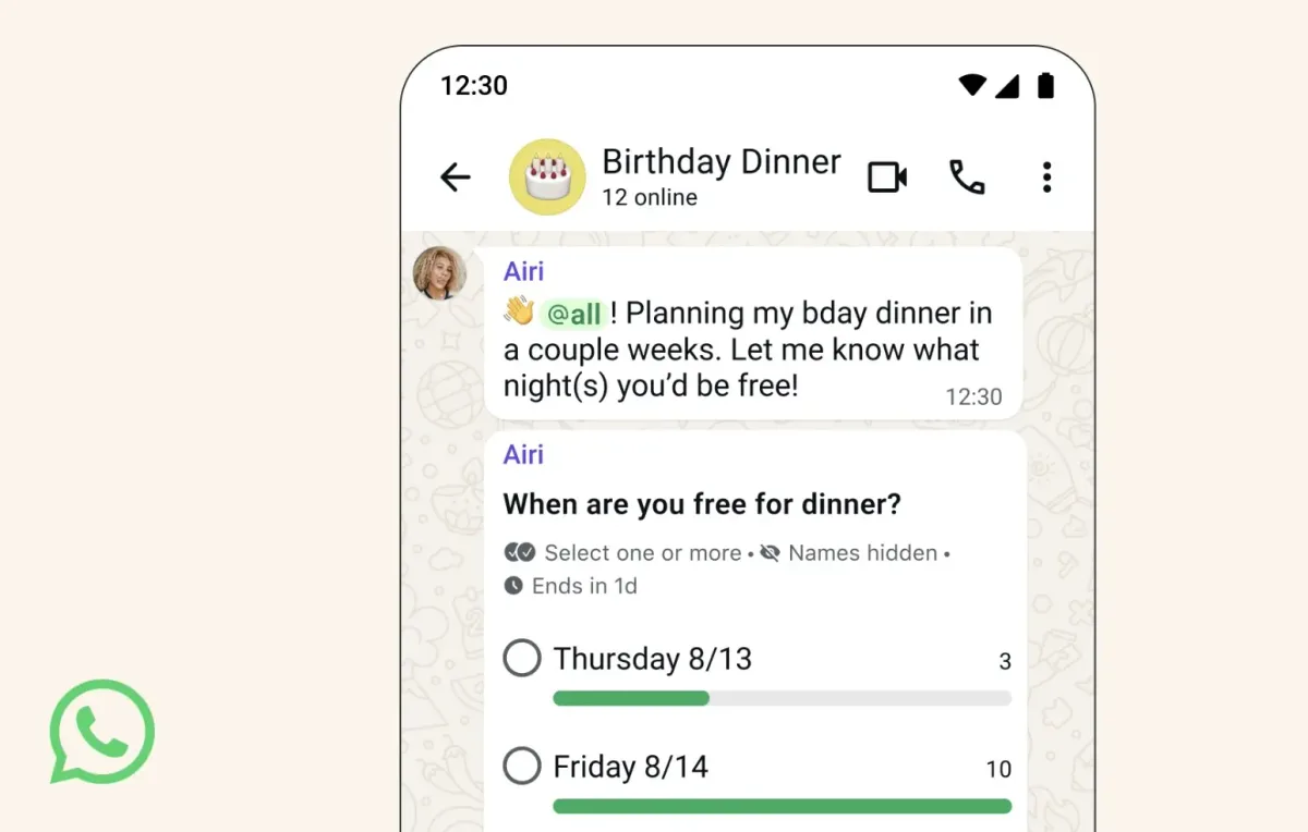 WhatsApp novedades grupos chat — WhatsApp screenshot showing a Group Chat