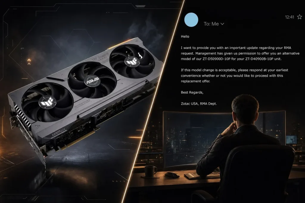 ZOTAC sustituye una RTX 4090 defectuosa por una RTX 5090 tras cuatro reparaciones fallidas ZOTAC RTX 5090 cambio garantía — ZOTAC sustituye una RTX 4090 defectuosa por una RTX 5090 tras cuatro reparaciones fallidas