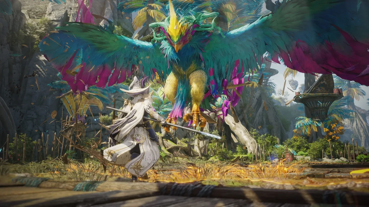 A character in Aion 2 confronts a large, colorful bird-like creature in a lush forest environment.