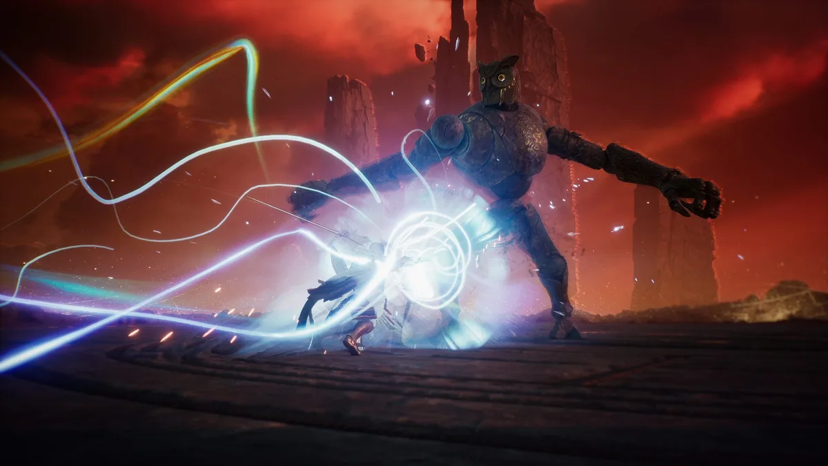A character in the game Aion 2 battles a large, stone creature in a dramatic, glowing combat scene.