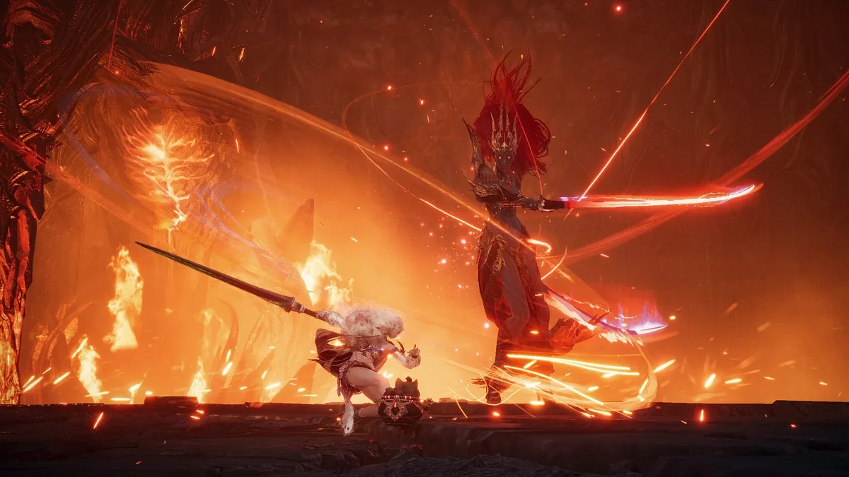 AION 2 — A dynamic battle scene in Lies of P shows a warrior with a glowing sword fighting a large, flaming adversary.