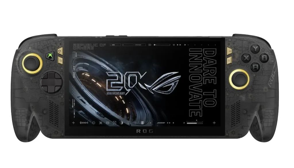 An ASUS ROG handheld gaming device displays a screen with the text '20th Anniversary' and 'Dare to Innovate'.