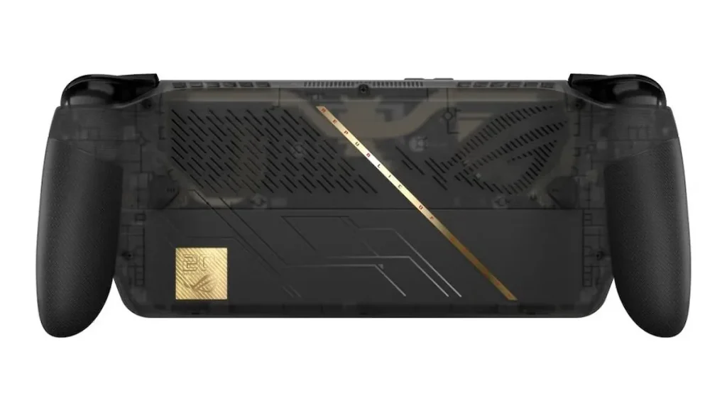 The image shows the back of an ASUS ROG gaming handheld device with a translucent cover, revealing internal components and featuring the 'Republic of Gamers' logo.