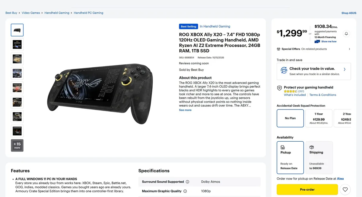 ASUS ROG Ally X20 OLED precio — The ROG XBOX Ally X20 handheld gaming device with a 7.4-inch FHD 1080p 120Hz OLED display and AMD Ryzen AI Z2 Extreme Processor is shown, alongside product details and a price of $1,299.99 from Best Buy.