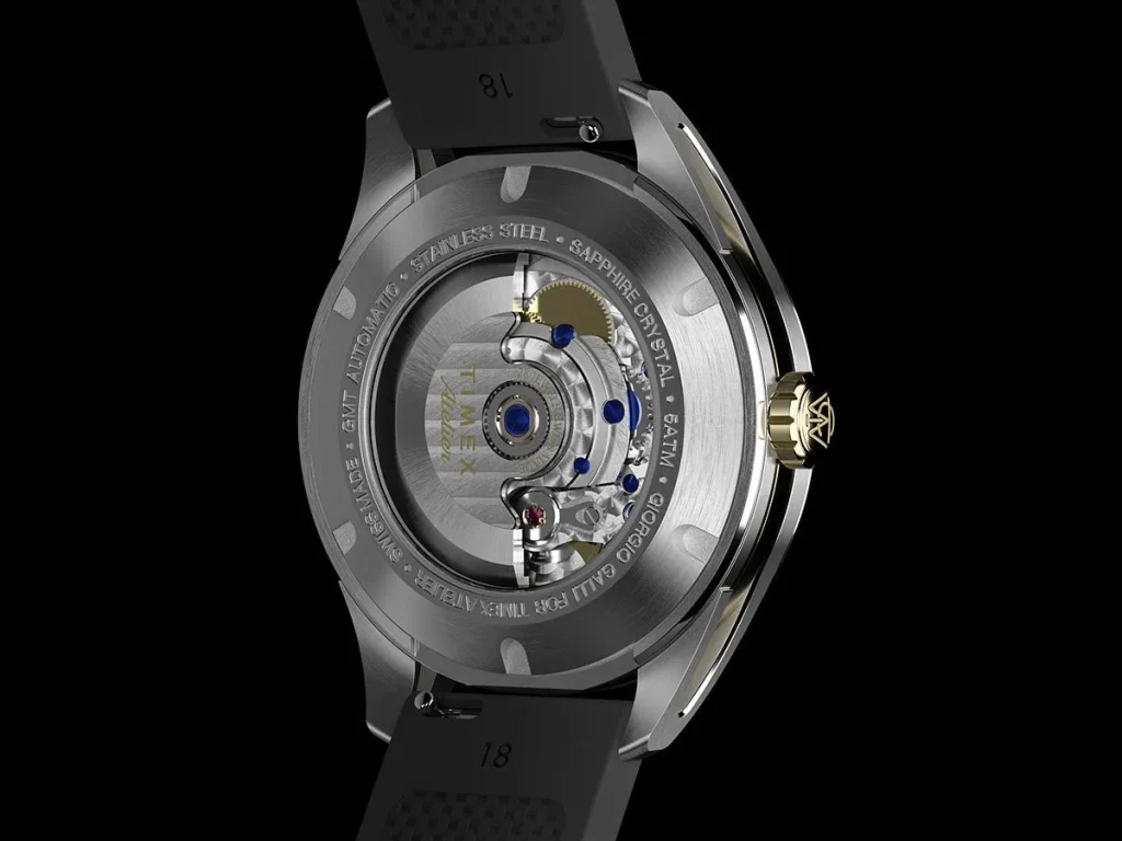 Rear view of the Timex Atelier GMT Première M1a showing its automatic GMT movement through the exhibition case back.