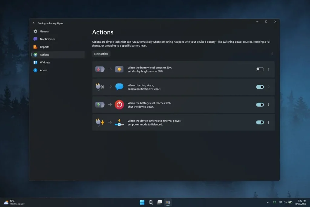 A screenshot of the Battery Flyout application on Windows 11 showing battery metrics, power settings, and usage statistics.