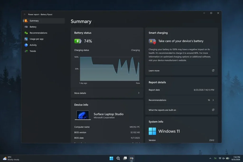 A screenshot of the Battery Flyout application on Windows 11 showing battery metrics, power settings, and usage statistics.