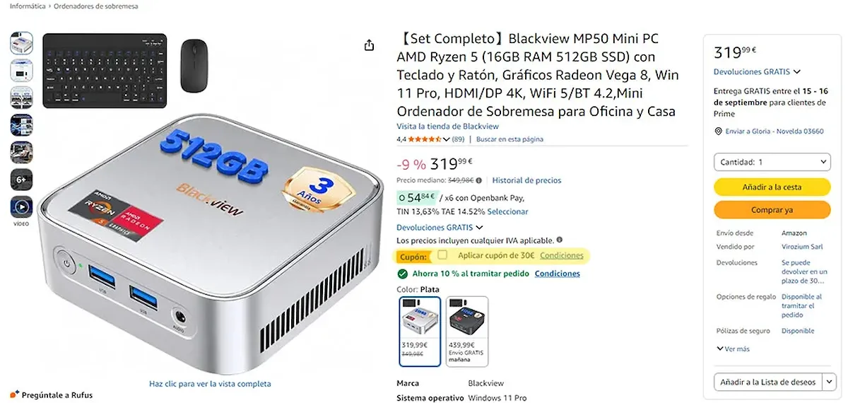 Captura de pantalla de la ficha de producto en Amazon del Mini PC Blackview MP60 con teclado y ratón inalámbricos.