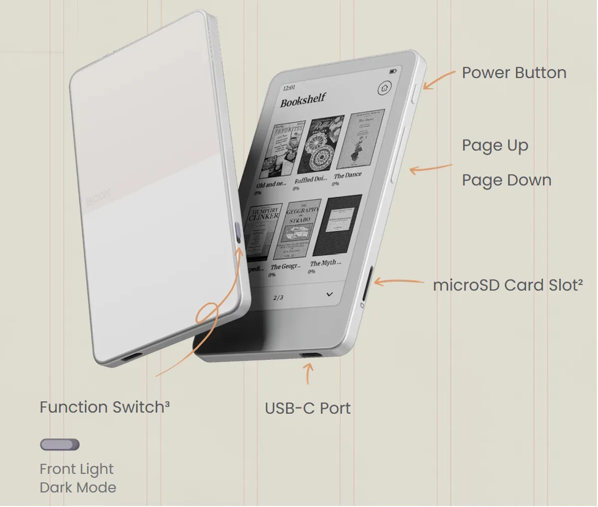 Boox Picco e-reader ports and controls.
